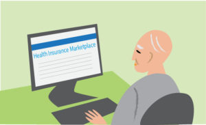 An elderly man researching health programs on computer